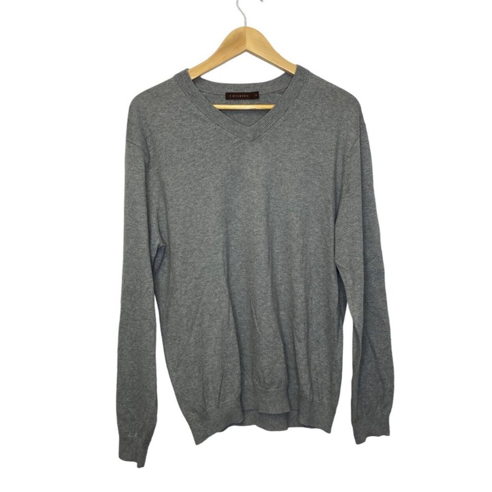 J Hilburn Cotton Silk Cashmere V-Neck Long Sleeve Sweater Light Gray Mens Medium
